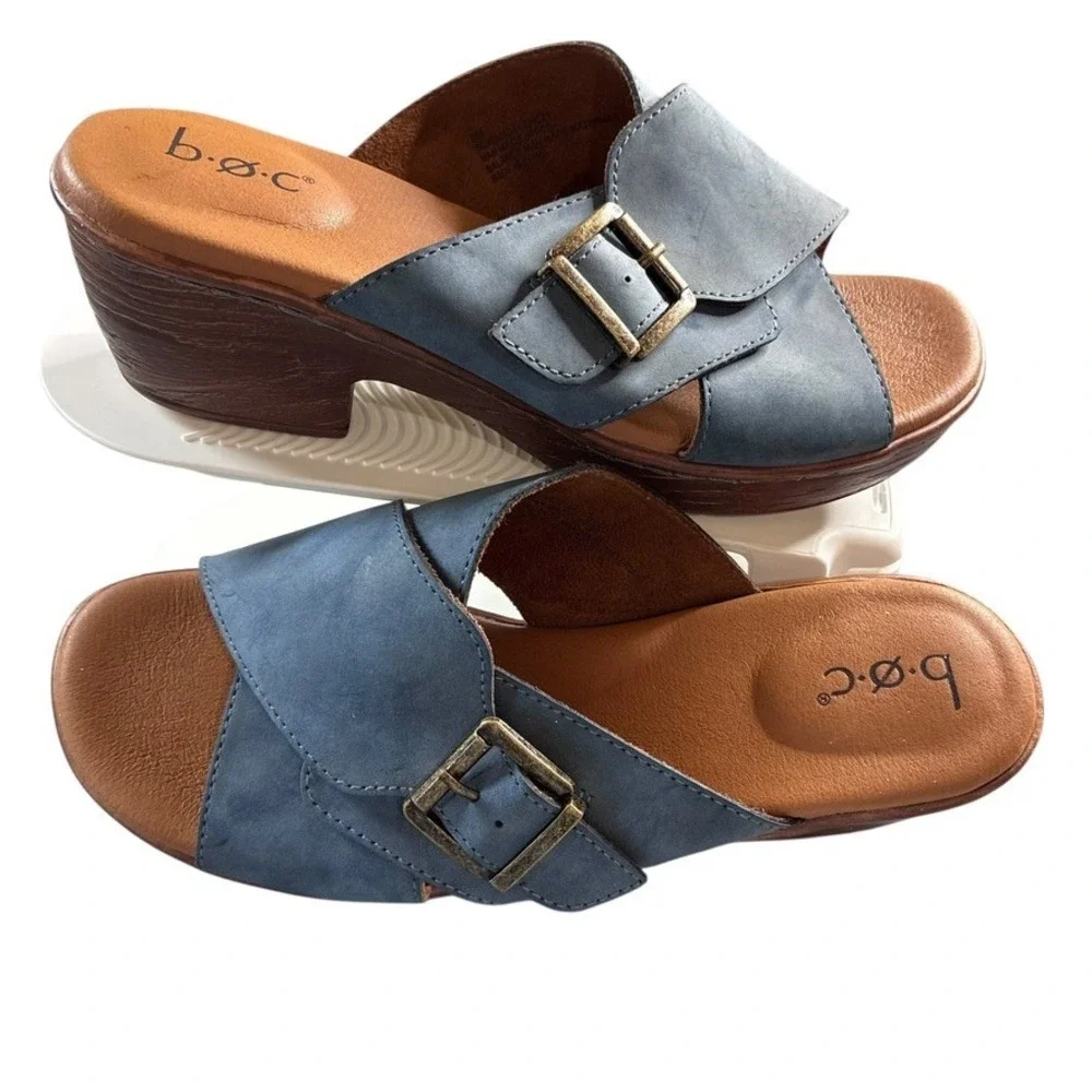 BOC Cross Band Strap Sandals Blue Suede Faux Leather Wedge Heel‎ Women's Sz.9M - Picture 8 of 14